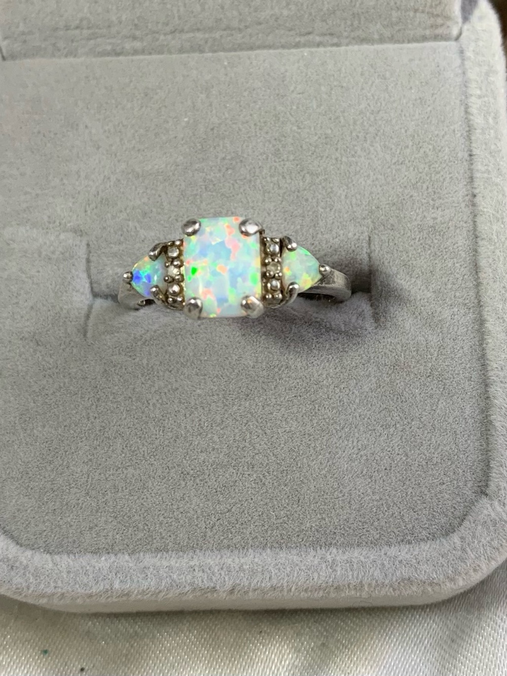 Vintage Sterling Silver Opal and Diamond Ring Size 7
